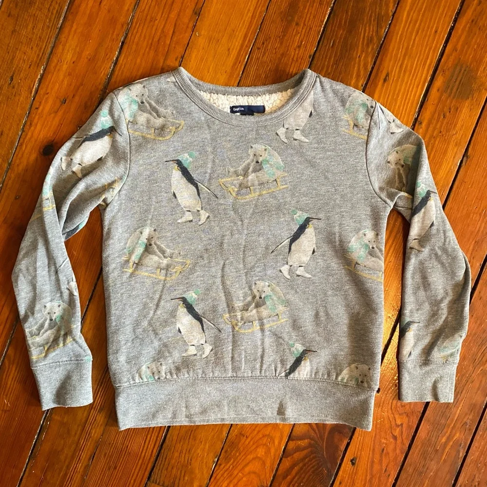 Gap Gray Sherpa Sweatshirt Penguins Polar Bear Grey Size Medium 8